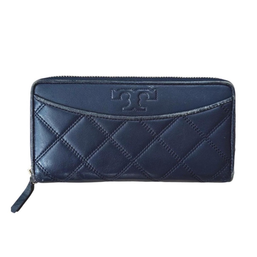 Tory Burch Fleming Zip Wallet OS Navy Blue Quilted Leather Classic Preppy